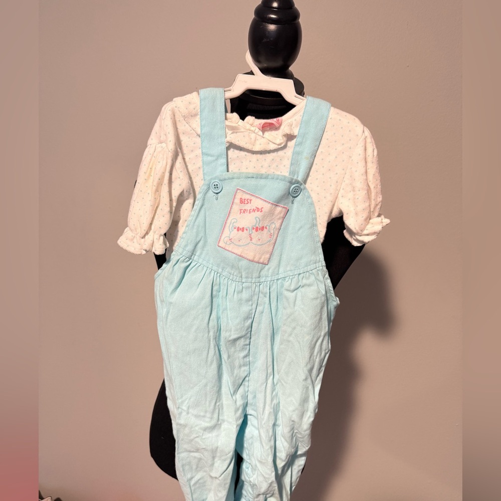 Vintage Petite Club 2T Bunny Overalls Set Blue 80s 90s Baby Outfit